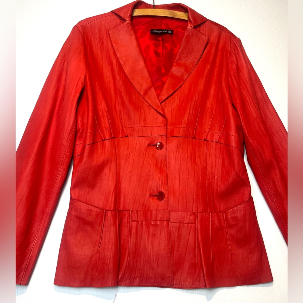 Xiaoyan Lin Designer Sheepskin Leather 2 Button Blazer Red Size Medium